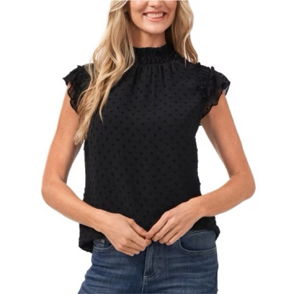 CeCe Tops - NWT CeCe Black Swiss Dot Mock Neck Flutter Sleeve Blouse Women’s Medium